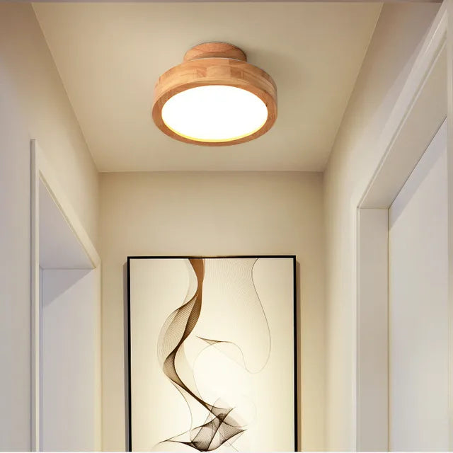 Round Solid Wood Flush Mount Ceiling Light Fixture – Scandinavian LED Ceiling Light for Living Room, Hallway, and Bedroom