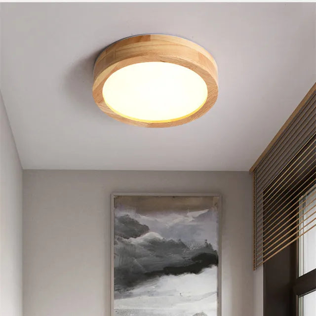 Round Solid Wood Flush Mount Ceiling Light Fixture – Scandinavian LED Ceiling Light for Living Room, Hallway, and Bedroom
