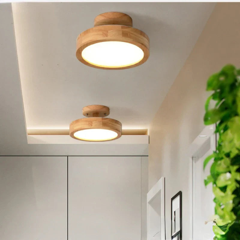 Round Solid Wood Flush Mount Ceiling Light Fixture – Scandinavian LED Ceiling Light for Living Room, Hallway, and Bedroom