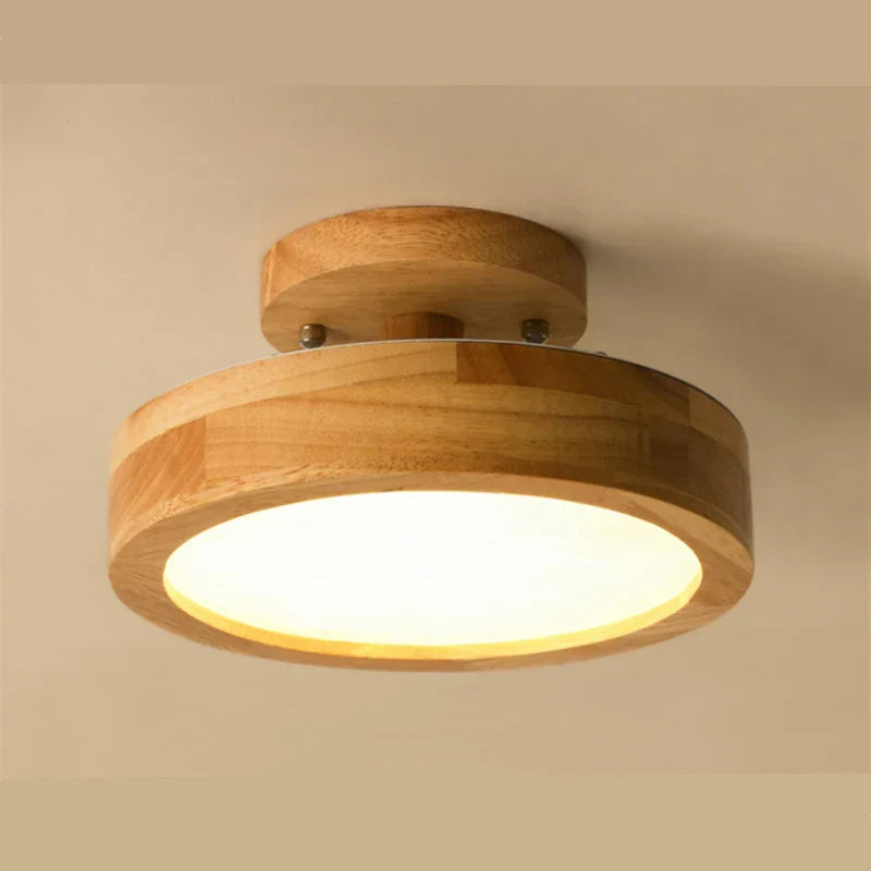 Round Solid Wood Flush Mount Ceiling Light Fixture – Scandinavian LED Ceiling Light for Living Room, Hallway, and Bedroom
