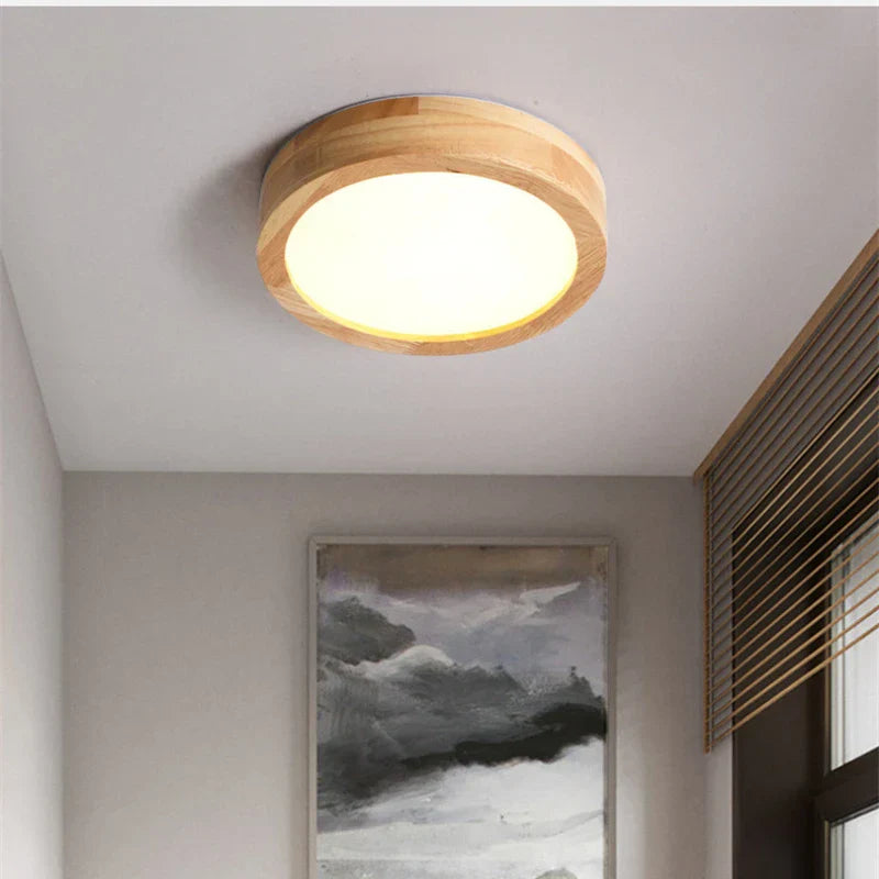 Round Solid Wood Flush Mount Ceiling Light Fixture – Scandinavian LED Ceiling Light for Living Room, Hallway, and Bedroom