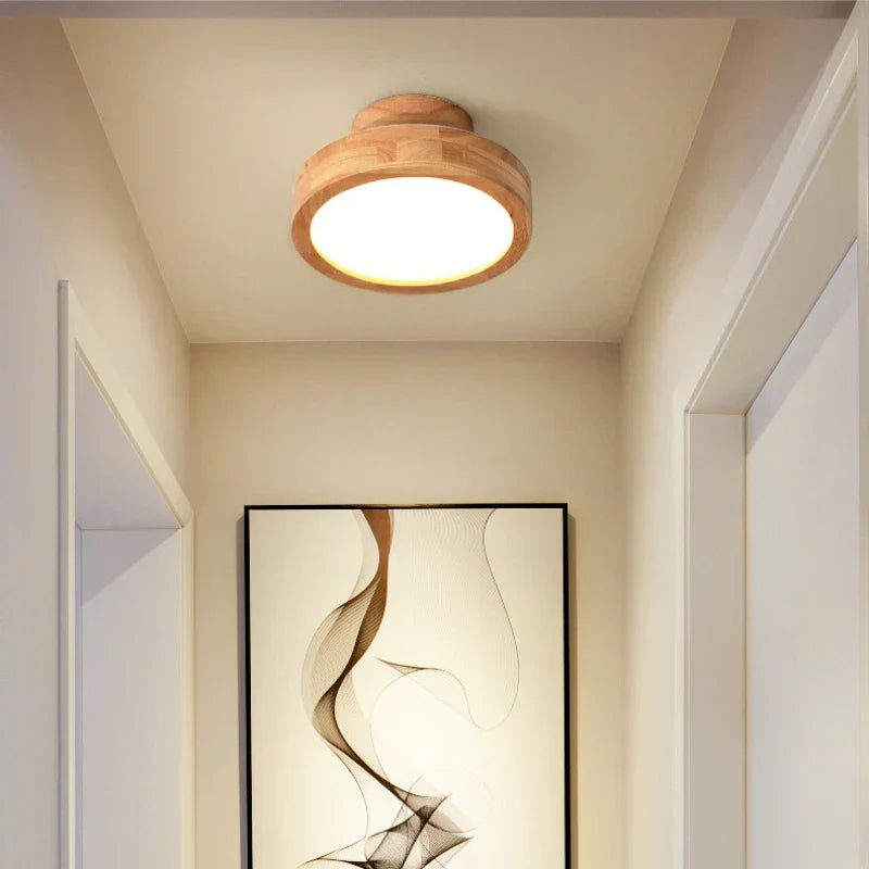 Round Solid Wood Flush Mount Ceiling Light Fixture – Scandinavian LED Ceiling Light for Living Room, Hallway, and Bedroom