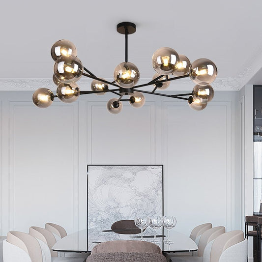 15-Light Modern Black Chandelier with Glass Globes – Dimmable Sputnik Chandelier for Dining Room and Living Space