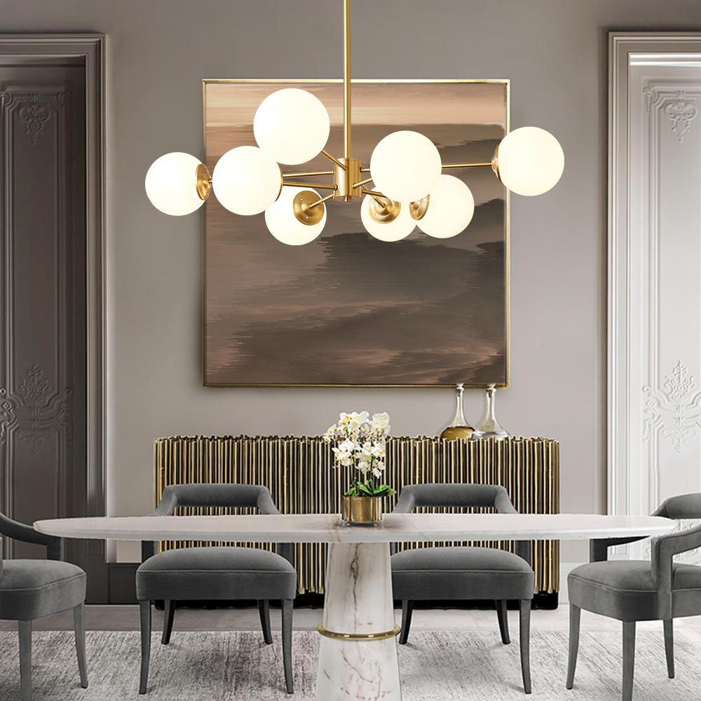 Mid-Century Modern Black Chandelier Light with Opal Glass Shades – Adjustable 6/8/12-Light Fixture for Dining Room