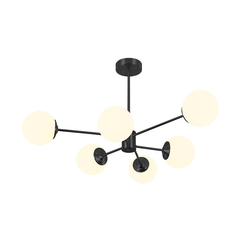 Mid-Century Modern Black Chandelier Light with Opal Glass Shades – Adjustable 6/8/12-Light Fixture for Dining Room