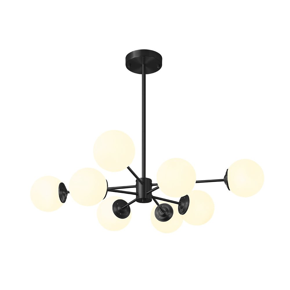 Mid-Century Modern Black Chandelier Light with Opal Glass Shades – Adjustable 6/8/12-Light Fixture for Dining Room