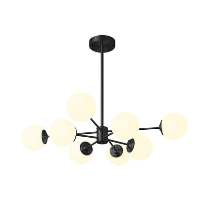 Mid-Century Modern Black Chandelier Light with Opal Glass Shades – Adjustable 6/8/12-Light Fixture for Dining Room