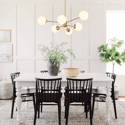 Mid-Century Modern Black Chandelier Light with Opal Glass Shades – Adjustable 6/8/12-Light Fixture for Dining Room