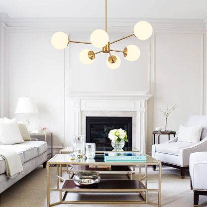 Mid-Century Modern Black Chandelier Light with Opal Glass Shades – Adjustable 6/8/12-Light Fixture for Dining Room