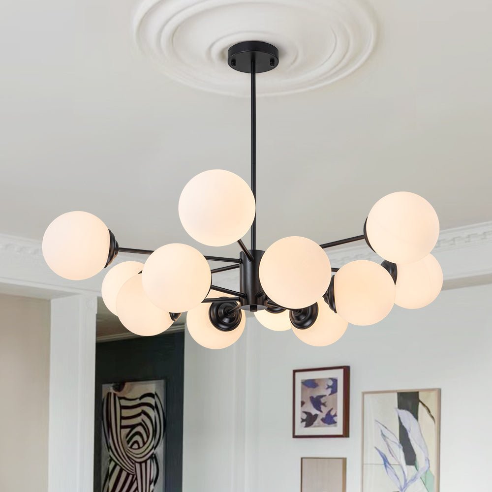 Mid-Century Modern Black Chandelier Light with Opal Glass Shades – Adjustable 6/8/12-Light Fixture for Dining Room