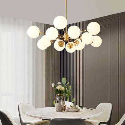 Modern 12-Light Brass Sputnik Chandelier Light with Opal Glass Globes – Two-Tier Design for Dining Room and Living Space