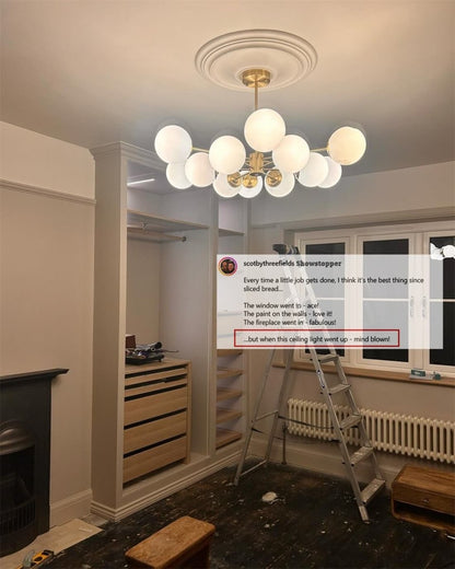 Modern 12-Light Brass Sputnik Chandelier Light with Opal Glass Globes – Two-Tier Design for Dining Room and Living Space