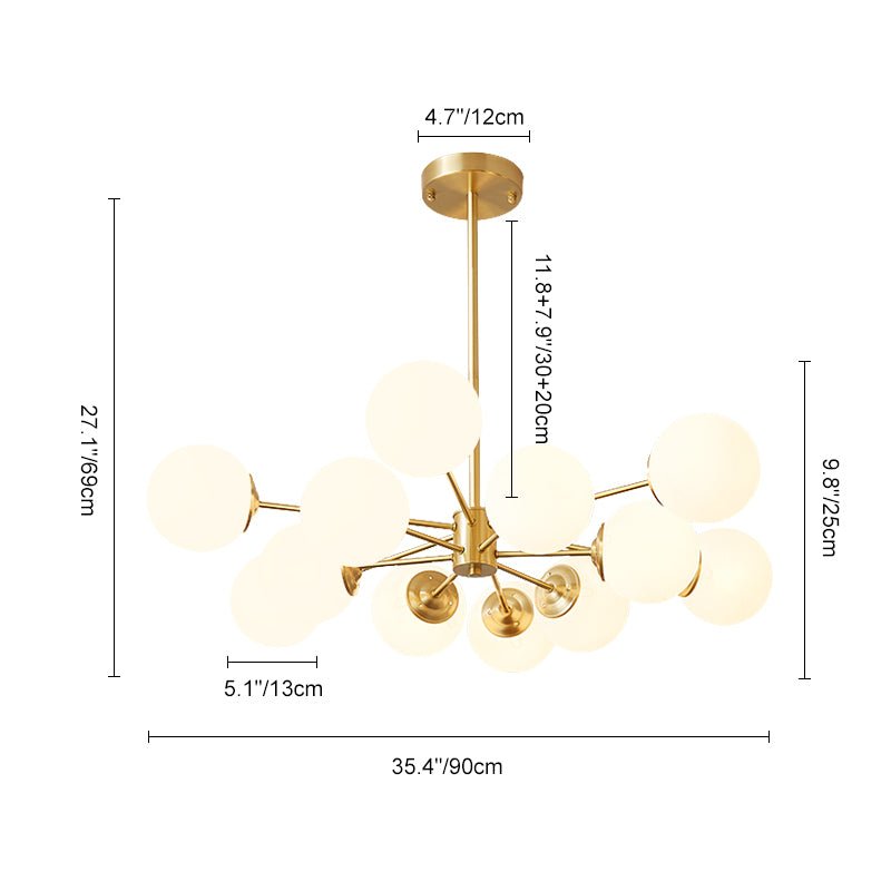 Modern 12-Light Brass Sputnik Chandelier Light with Opal Glass Globes – Two-Tier Design for Dining Room and Living Space