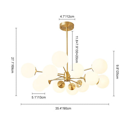 Modern 12-Light Brass Sputnik Chandelier Light with Opal Glass Globes – Two-Tier Design for Dining Room and Living Space