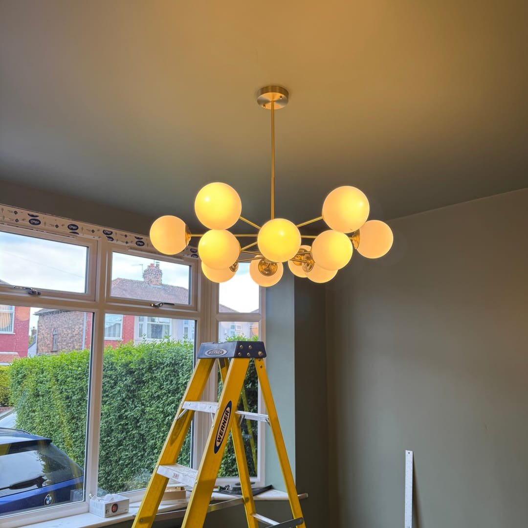 Modern 12-Light Brass Sputnik Chandelier Light with Opal Glass Globes – Two-Tier Design for Dining Room and Living Space