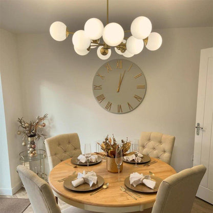Modern 12-Light Brass Sputnik Chandelier Light with Opal Glass Globes – Two-Tier Design for Dining Room and Living Space
