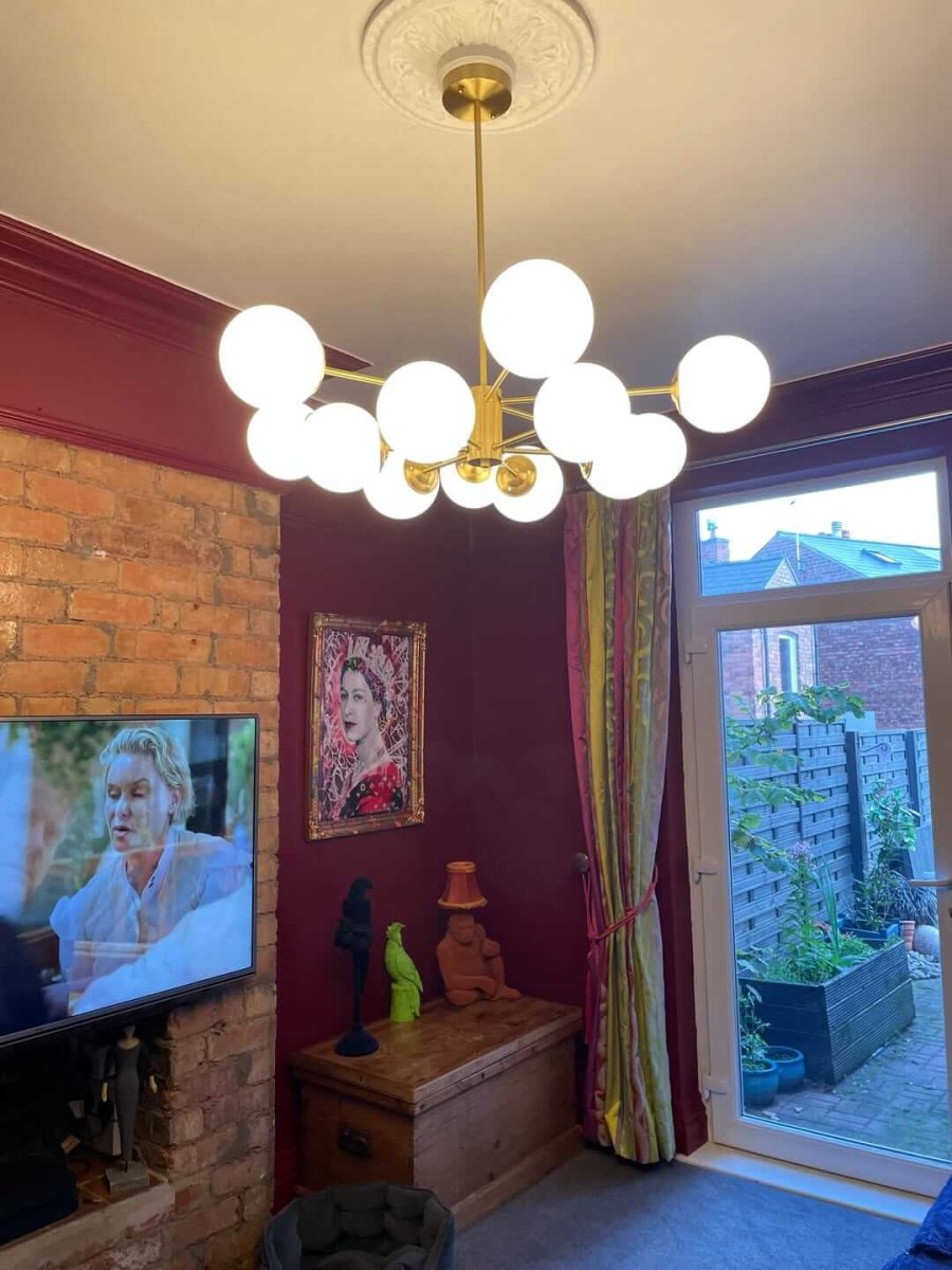 Modern 12-Light Brass Sputnik Chandelier Light with Opal Glass Globes – Two-Tier Design for Dining Room and Living Space
