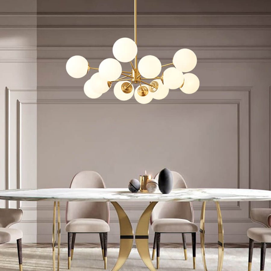 Modern 12-Light Brass Sputnik Chandelier Light with Opal Glass Globes – Two-Tier Design for Dining Room and Living Space