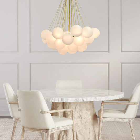Modern Glass Bubble Chandelier Light – Three-Light Cluster Fixture with Brass Finish for Dining Room