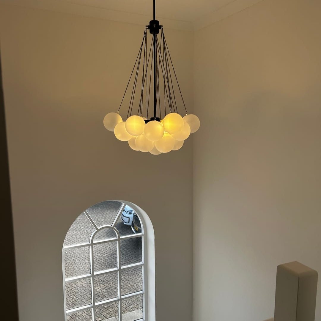 Modern Glass Bubble Chandelier Light – Three-Light Cluster Fixture with Brass Finish for Dining Room