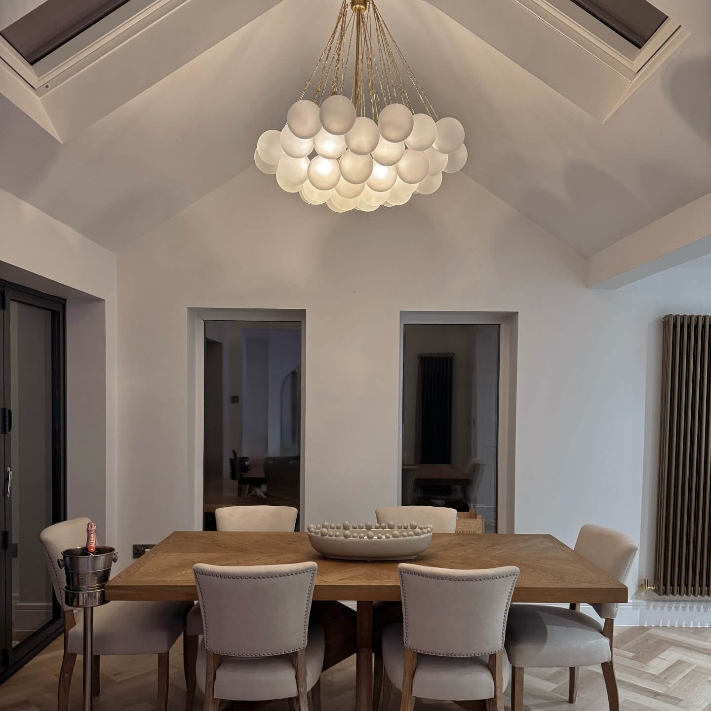 Modern Glass Bubble Chandelier Light – Three-Light Cluster Fixture with Brass Finish for Dining Room
