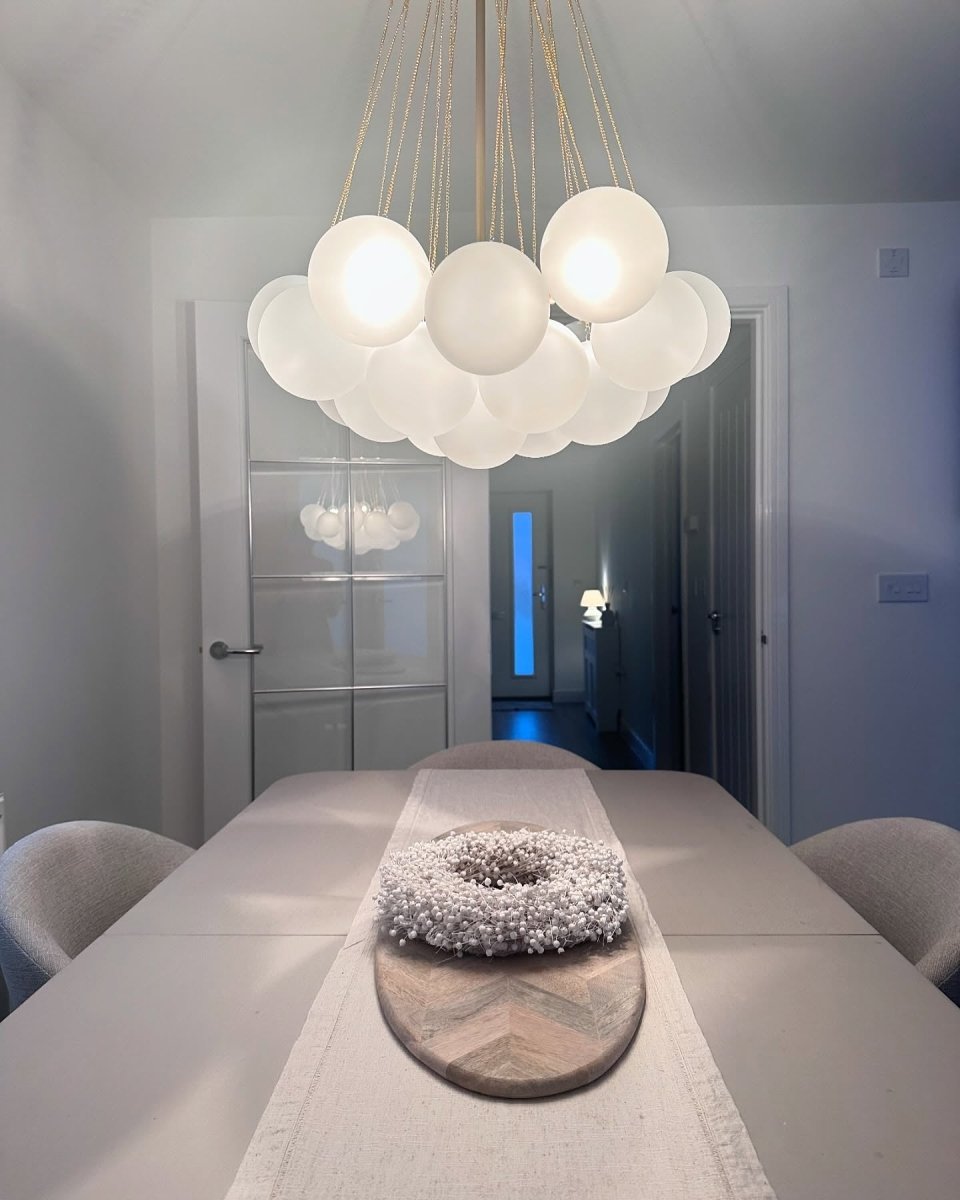 Modern Glass Bubble Chandelier Light – Three-Light Cluster Fixture with Brass Finish for Dining Room