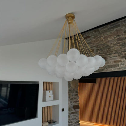 Modern Glass Bubble Chandelier Light – Three-Light Cluster Fixture with Brass Finish for Dining Room