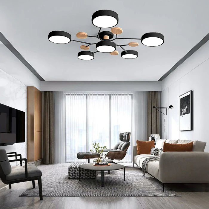 Modern Round Iron LED Chandelier Light – Energy Efficient Semi-Flush Fixture for Dining Room and Home Decor