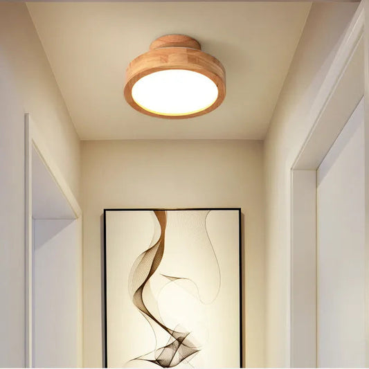 Round Solid Wood Flush Mount Ceiling Light Fixture – Scandinavian LED Ceiling Light for Living Room, Hallway, and Bedroom