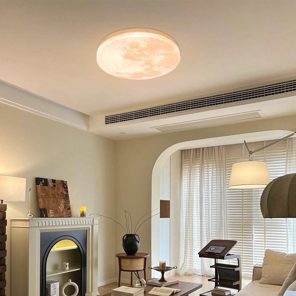 Simple Moon Inspired Round LED Ceiling Light Fixture - Solid Wood and Acrylic Flush Mount Design for Cozy Ambiance
