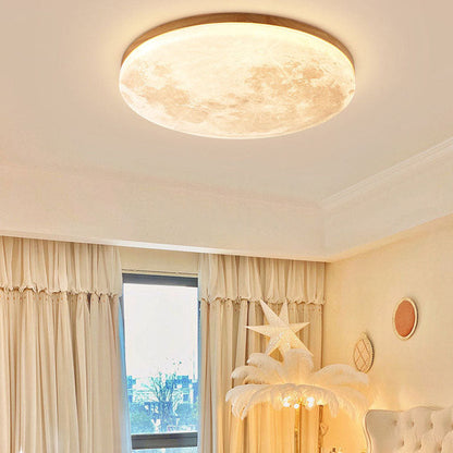 Simple Moon Inspired Round LED Ceiling Light Fixture - Solid Wood and Acrylic Flush Mount Design for Cozy Ambiance