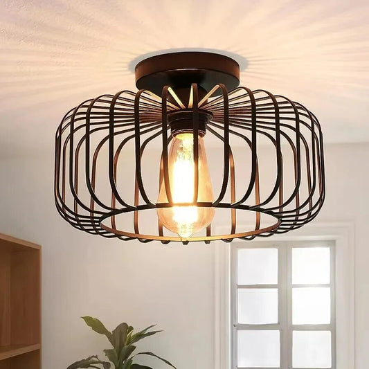 Stylish Birdcage Ceiling Light Fixture – E26 Indoor Pendant Lamp for Home, Restaurant, Hallway, Warm Lighting, Iron Design
