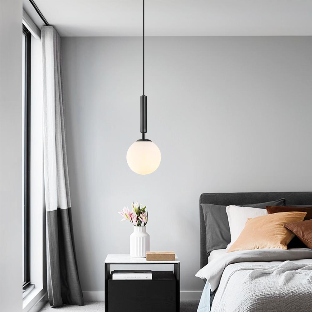 Variant image for Mid-Century Modern Mini Opal Globe Pendant Light – Black and Brass, Adjustable Height Kitchen Pendant Lighting-2