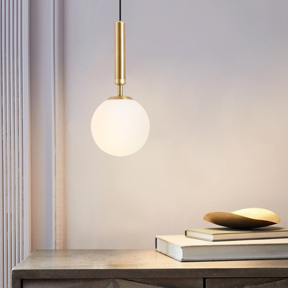 Mid-Century Modern Mini Opal Globe Pendant Light – Black and Brass, Adjustable Height Kitchen Pendant Lighting-1
