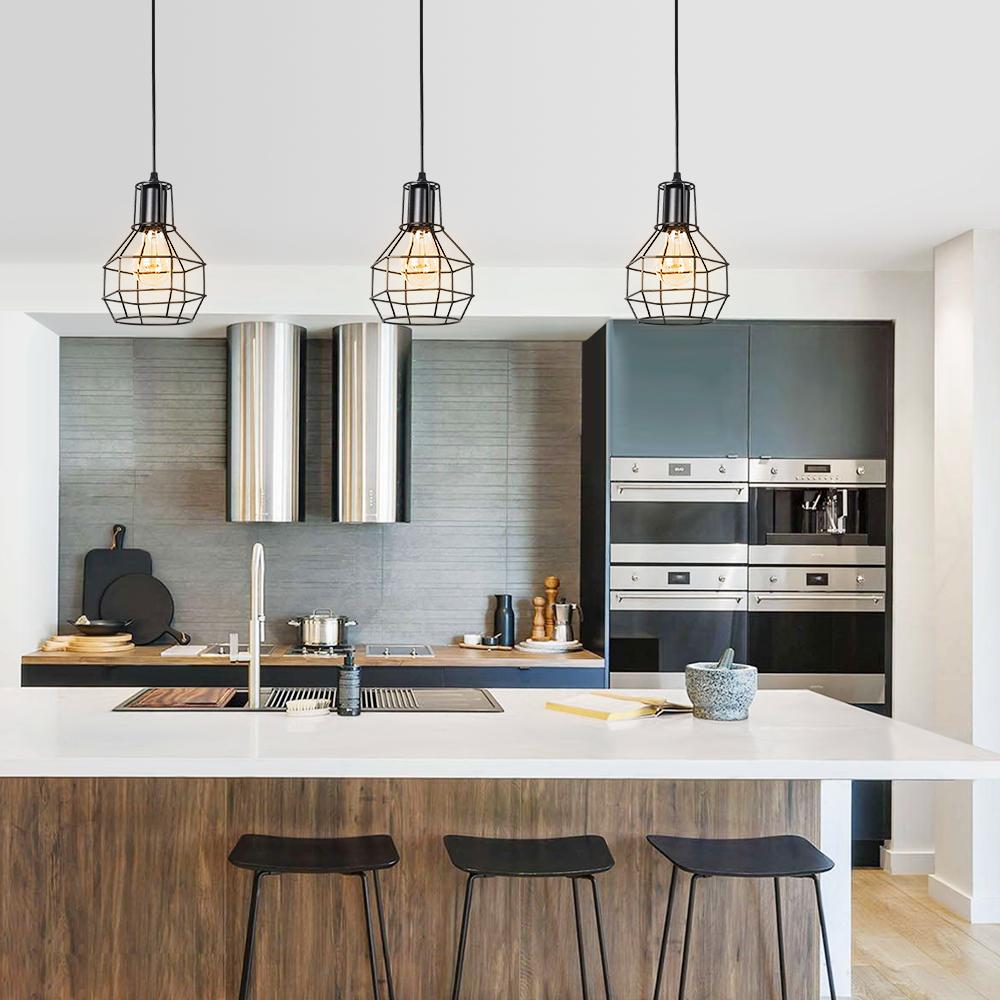 Black Geometric Pendant Light – Adjustable Height Kitchen Island Lighting with Metal Cage Design-3