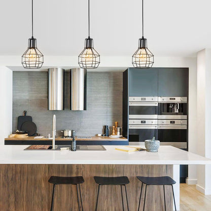 Black Geometric Pendant Light – Adjustable Height Kitchen Island Lighting with Metal Cage Design-3